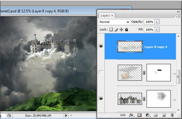 Castle in the Sky, castle in the clouds, dreamy landscape, mysterious, illustration, fantastic, rainbow effect in photoshop